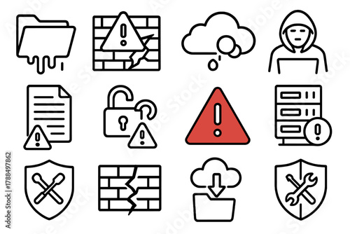 Data Security Breach. Data Leak linear icon set: open folder, dripping data, alert sign, firewall crack, cloud breach, warning triangle, hacker icon, exposed document, broken