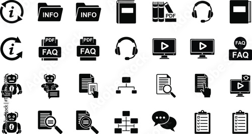 Collection of Black and White Flat Icon Set featuring Info, FAQ, PDF, Book and Robot