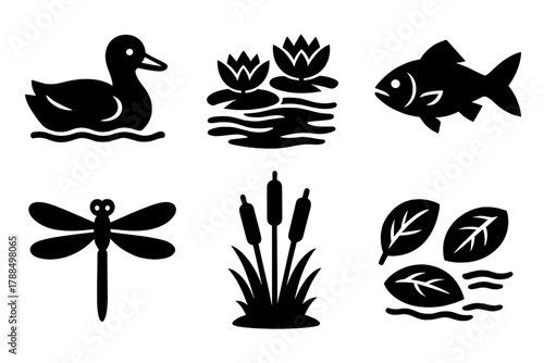 Wetlands Icon Set. Freshwater Wetlands silhouette icon set: duck, pond lilies, fish, dragonfly, tall reeds, floating leaves.