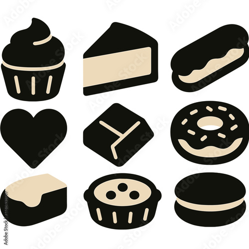 Brutalist Bakery Icons. Bakery Desserts Pack silhouette icon set: cupcake, cheesecake slice, eclair, donut, cookie heart, chocolate piece, tart, macaron
