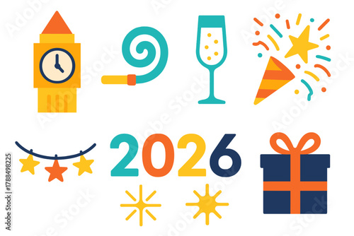 New Year Icons. New Year Festivities 2026 flat icons: clock tower, party horn, champagne flute, confetti blast, star garland, 2026 digits, light spark, wrapped gift