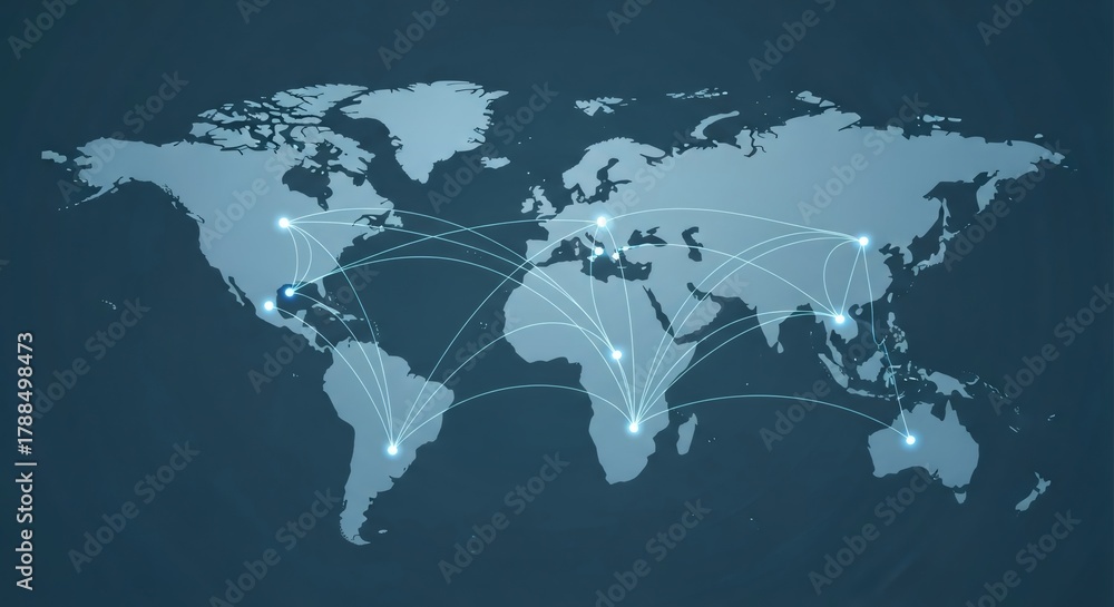 Obraz premium World map with glowing connection points and lines illustrating global network, logistics, cargo transportation, digital communication, and business partnership.