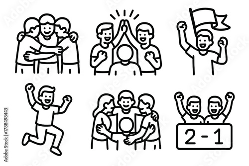 Victory Celebration Icons. Team Victory linear icon set: group huddle, high-five, raised flag, celebration jump, unity circle, scoreboard.