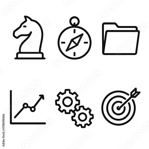Strategic Icons Display. Strategic goal setting linear icon set: chess knight, compass, document folder, chart line, gears, target.