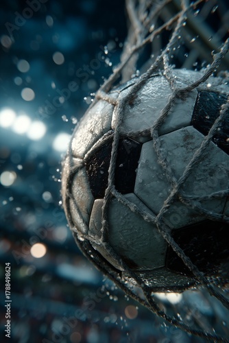 Soccer Ball Hits the Net During an Exciting Night Match Under Bright Stadium Lights