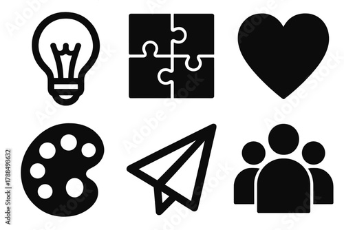 Bold Team Spirit Icons. Creative team spirit silhouette icon set: light bulb, puzzle pieces, heart, palette, paper plane, people icons.