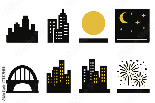 Evening Skyline Icons. Evening Skyline Icons silhouette icon set: urban silhouette, skyscraper cluster, bridge arc, glowing moon, starry night, horizon line, building lights,