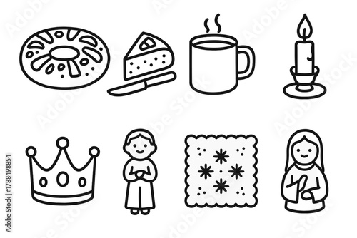 Epiphany Feast Icons. Traditional Epiphany Feast linear icon set: ring-shaped bread, candied fruit, knife and slice, mug of hot chocolate, candlelight, crown, porcelain figure,