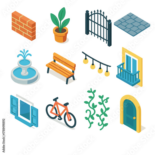 Isometric Courtyard Icons. City Courtyards modern flat icons set: brick wall, potted plant, metal gate, cobblestone floor, fountain, bench, hanging lights, balcony, open window,