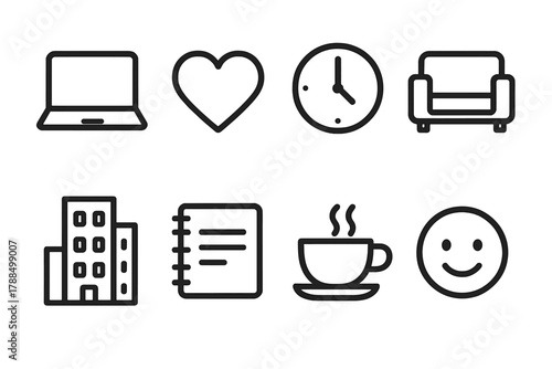 Icons of Balance. Work-Life Integration linear icon set: laptop, heart, clock, sofa, building, notebook, tea cup, smiling face.