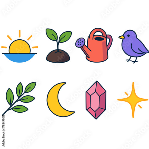 Seasonal Isometric Icons. Seasonal Renewal modern flat icons set: sunrise, seedling, water jug, bird, branch, moon, crystal, spark.