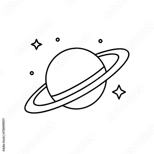 Outline drawing of saturn and some stars around it on transparent background