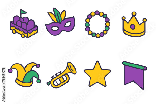 Mardi Gras Icon Set. Mardi Gras Celebration modern flat icons set: parade float, mask, beads, crown, jester hat, trumpet, star, banner.