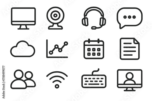 Virtual Collaboration Icons. Virtual Collaboration Icons linear icon set: computer, webcam, headset, chat bubble, cloud, chart, calendar, document, people icons, Wi-Fi, keyboard,
