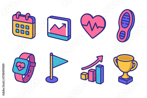 Fitness Progress Icons. Fitness Progress modern flat icons set: calendar, chart, pulse line, shoe print, smartwatch, goal flag, bar graph, trophy.