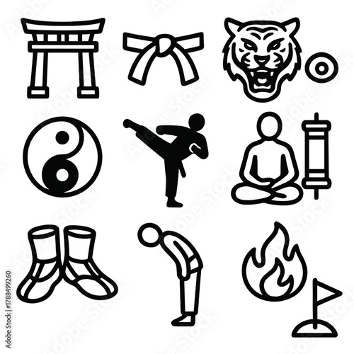 Martial Arts Icons. Martial Arts Spirit linear icon set: dojo symbol, belt knot, tiger emblem, focus eye, yin-yang, kick silhouette, meditation pose, discipline scroll, martial