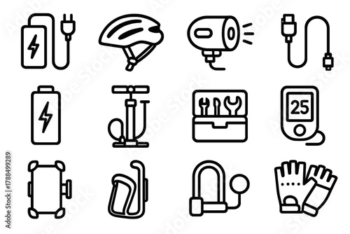 Electric Cycling Icons. Electric Cycling Essentials Icons linear icon set: charger, helmet, light, cable, battery, tire pump, toolkit, display, phone mount, bottle holder, lock,