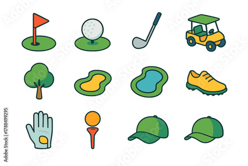Golf Course Icons. Golf Course Icons modern flat icons set: flag, hole, golf ball, club, cart, tree, bunker, water hazard, shoe, glove, tee, hat.