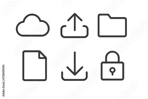 Core Icon Set. Core Icons linear icon set: cloud, upload arrow, download arrow, folder, file, lock.