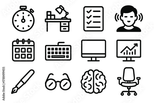 Work Efficiency Icons. Work Efficiency Icons linear icon set: timer, organized desk, checklist, focused user, calendar, keyboard, monitor, data chart, pen, glasses, brain,