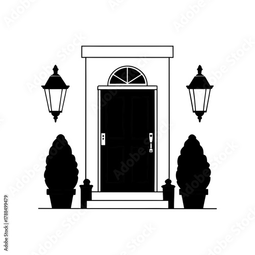 Elegant doorway with lamps and potted topiary trees on transparent background