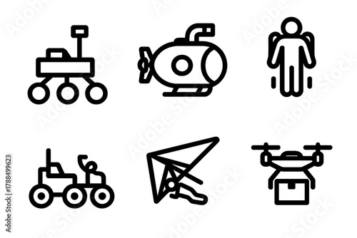Exploration Icon Lineup. Exploration Vehicles linear icon set: rover, submersible, jetpack, moon buggy, glider, cargo drone.