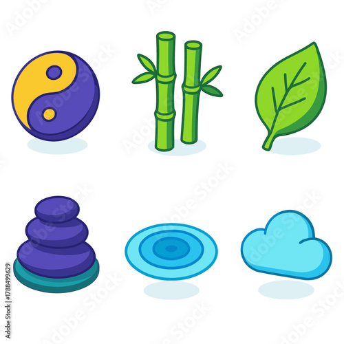 Inner Balance Icons. Inner Balance modern flat icons set: yin-yang, bamboo, leaf, water ripple, stone circle, cloud.