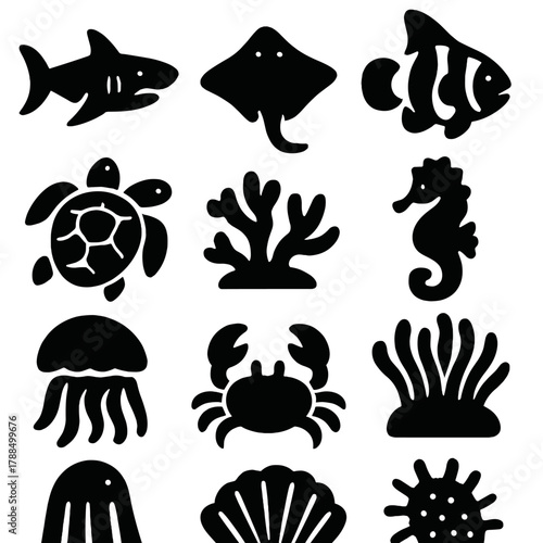 Brutalist Ocean Icons. Ocean Creatures silhouette icon set: shark, stingray, squid, clownfish, sea turtle, coral reef, seahorse, anemone, jellyfish, crab, shell, plankton.