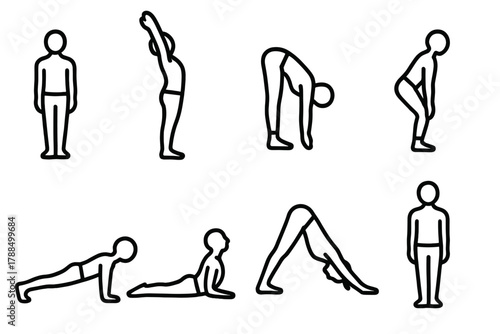 Yoga Pose Icons. Yoga Flow linear icon set: mountain pose, upward salute, forward fold, half lift, plank pose, cobra pose, downward dog, standing tall.