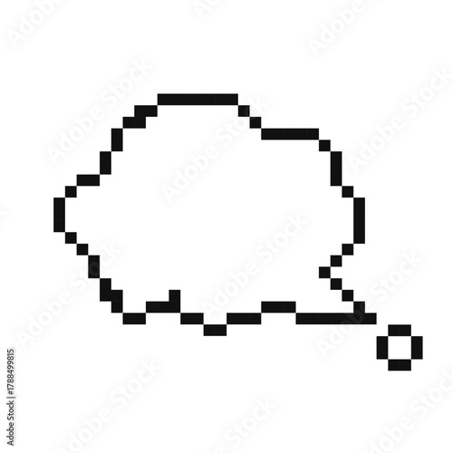 Pixelated speech bubble on white background. Pixel art arcade video game element. Talking cloud with blank space for text. Dialogue window object. Simple isolated vector. 