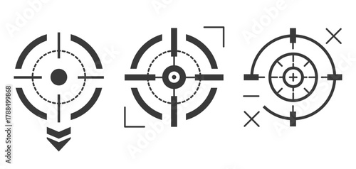 Three black geometric crosshair target icons in a row. Military target, shooting game gun element. Different aim arrangements with brackets and points.