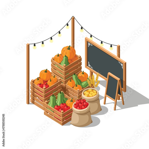 Isometric farmers market stall with wooden crates of fresh vegetables, pumpkins, and blank chalkboards under string lights.