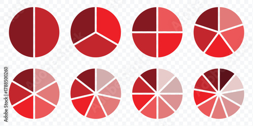 Set of colorful pie charts. Colorful pie charts with varying segments. Circle section graph. Pie charts diagrams. Different color circles. Circle pie chart diagram. 2,3,4,5,6,7,8,9 sections or steps. 