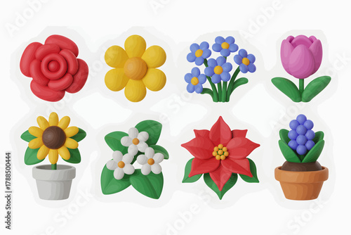 Set of 3D rendered flower icons including rose sunflower and tulip isolated on white background