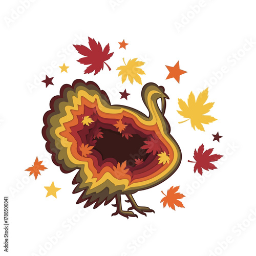 A layered illustration of a turkey with autumn leaves in warm colors, symbolizing Thanksgiving.