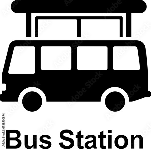 Bus station icon in black and white on white background