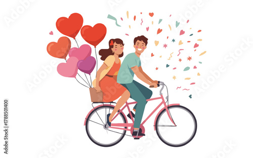 Happy Couple Riding Bicycle with Heart Balloons and Confetti Vector Illustration