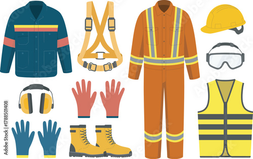 Industrial safety equipment flat design illustration set for workers