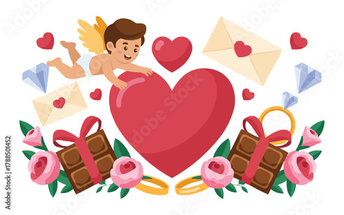 Valentine's Day Love Concept Banner with Cupid Heart Chocolate Rings and Roses