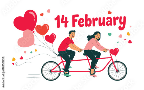 Happy Couple Riding Tandem Bicycle with Heart Balloons for 14 February Valentine's Day