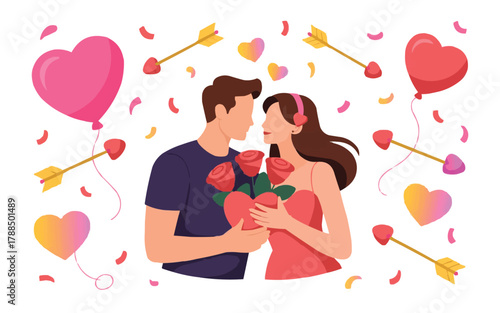 Valentine's Day Romantic Couple with Flowers and Heart Balloons Vector Illustration