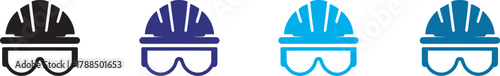 Safety helmet and goggles icon set, construction and industrial protection