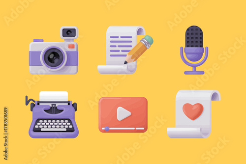 Set of 3D render icons for content creation including camera writing microphone and typewriter isolated on yellow background