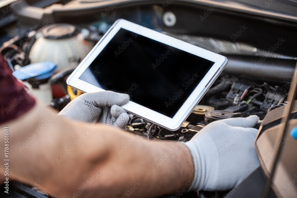 Naklejka premium Mechanic uses a digital table to record error engine checks