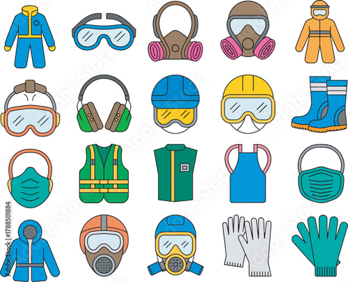 A flat design illustration featuring a collection of safety equipment