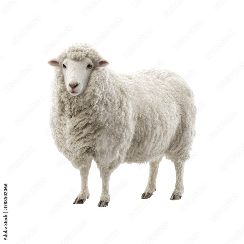 Fototapeta premium A full-body shot of a white sheep with thick wool standing isolated against a transparent background, looking directly at the viewer. background removed