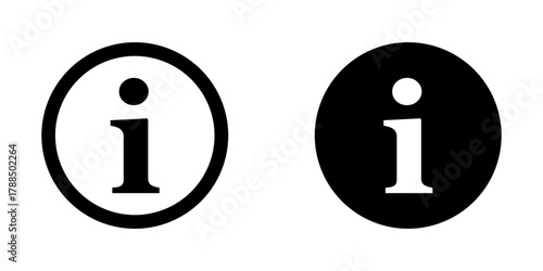 Simple Round Black and White Info or Information Symbol Sign in a Circle with the Letter i Icon Set. Vector Image.
