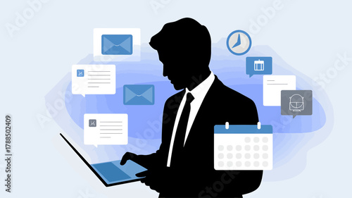Silhouette of a businessman using a laptop surrounded by email calendar and task icons representing productivity and time management