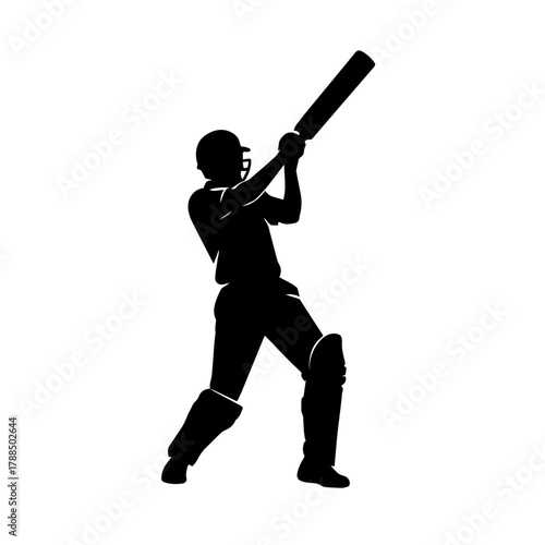 Silhouette of a cricket player swinging a bat, ready to hit a ball during a match