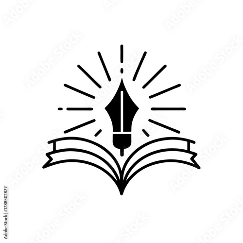Open book with pen and rays of light above it icon on transparent background